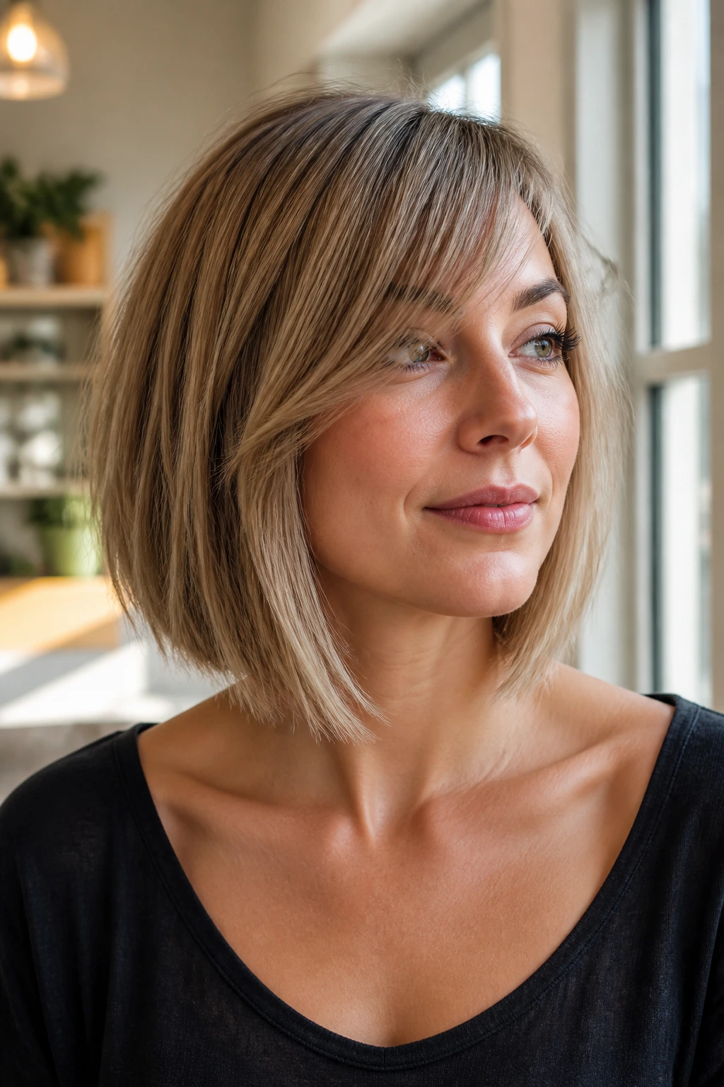 Portrait of a woman with collarbone-length angled bob and side-swept fringe.