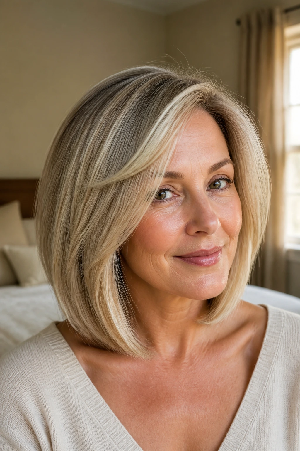 Real woman with soft collarbone angled bob, close-up portrait in warm window light