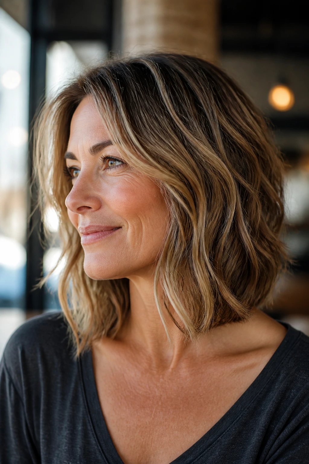 Portrait of a woman with collarbone-length angled lob and airy layers in natural light