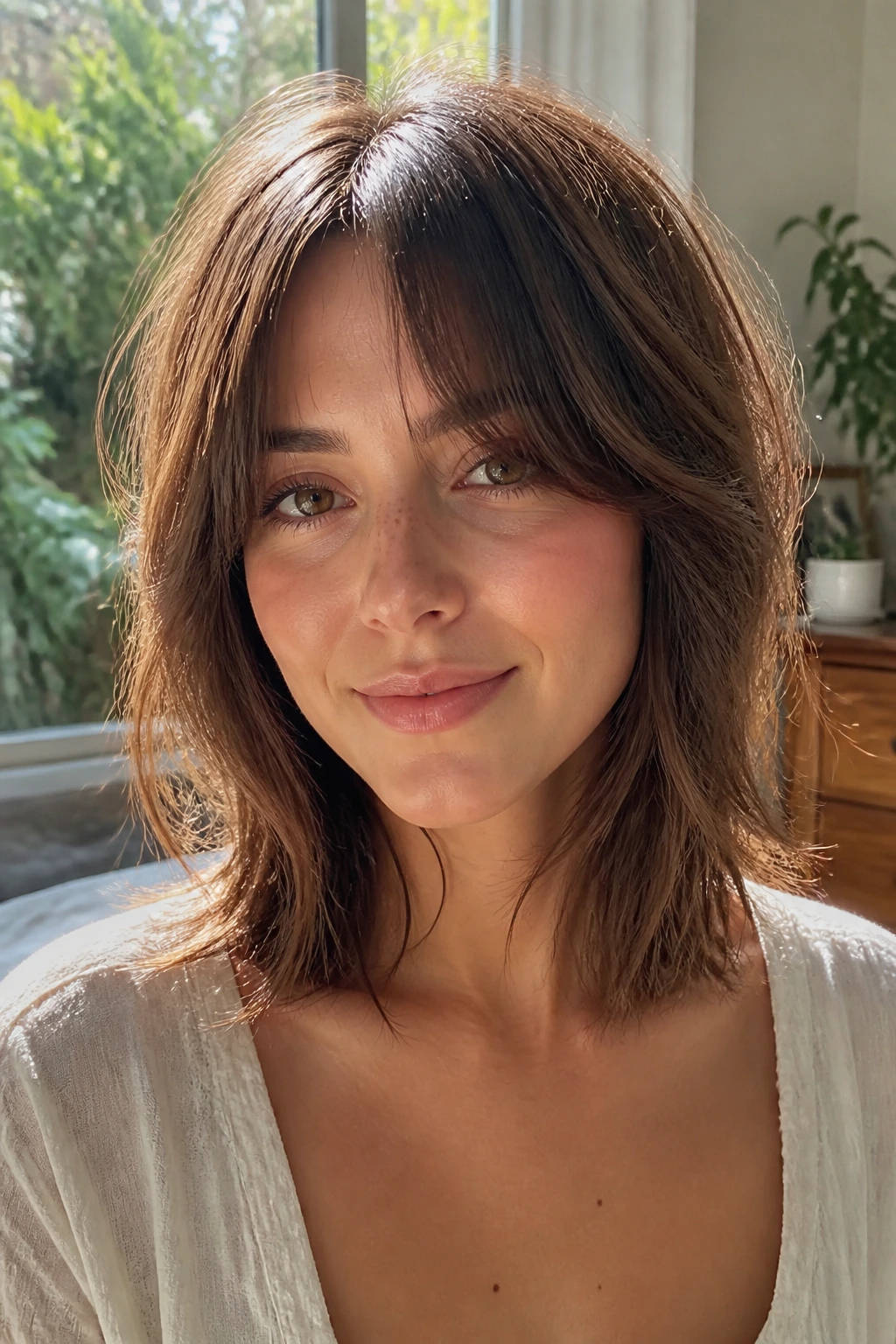 Collarbone angled shag with curtain bangs portrait