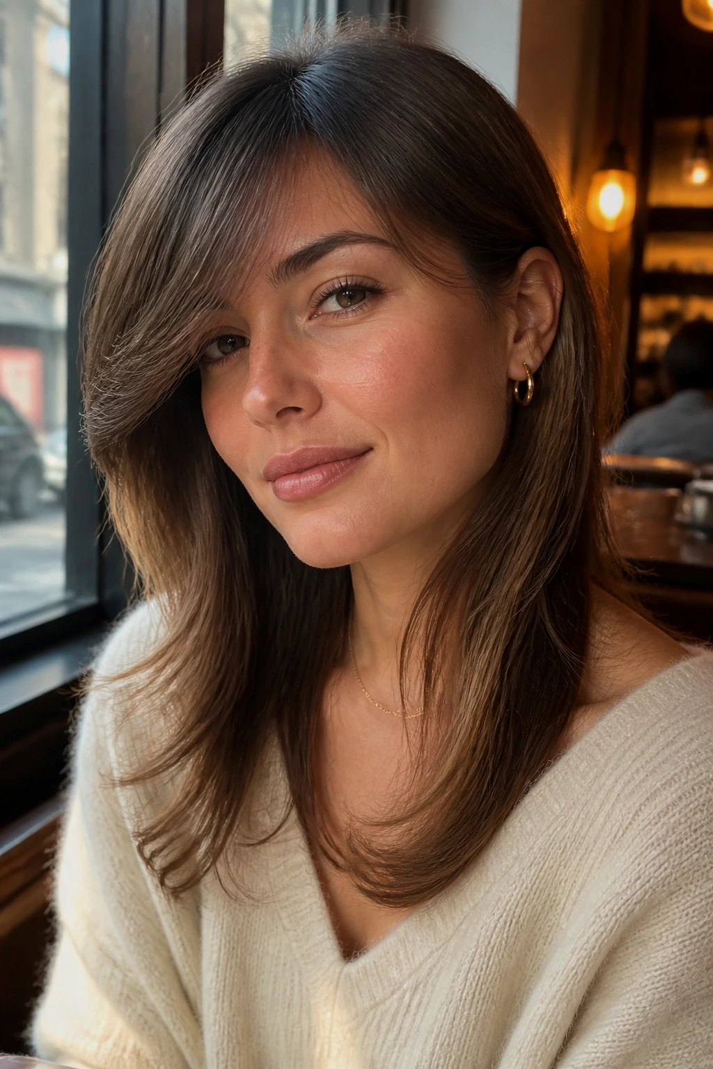 Close-up of a real woman wearing a collarbone-length arc fringe in warm window light