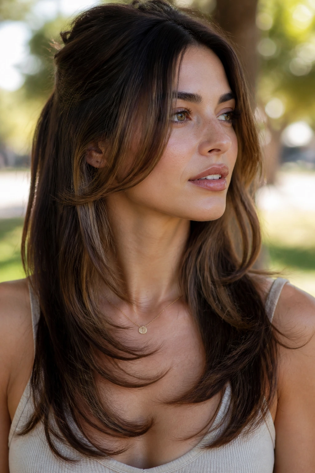 Close-up of real woman with collarbone arc layers framing the neckline