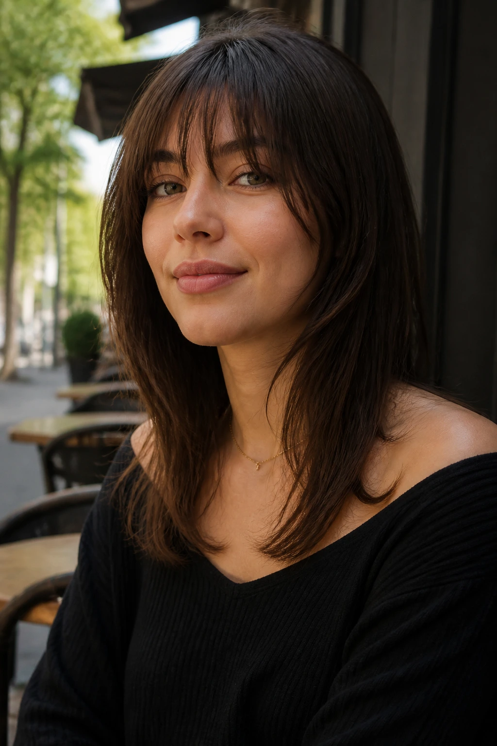 Close-up of woman with collarbone-length layers and cheekbone bangs