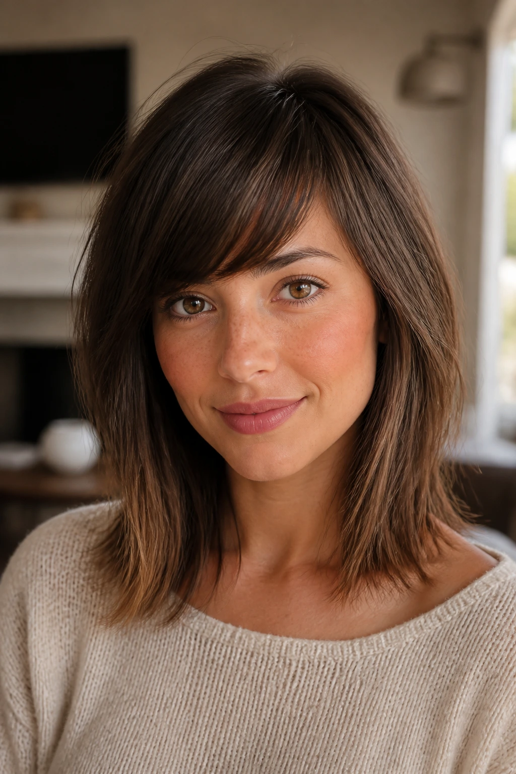 Close-up of a real woman with collarbone-length hair and corner bangs in warm light