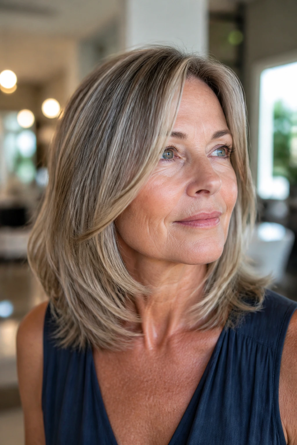 Close-up of a real woman with collarbone-length hair and a gentle front bend