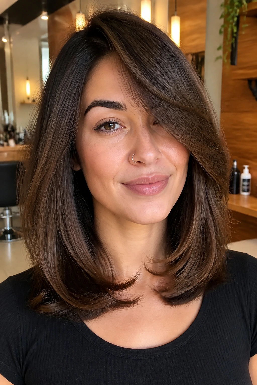 Close-up portrait of a woman with collarbone-length hair in a movement-filled blowout.