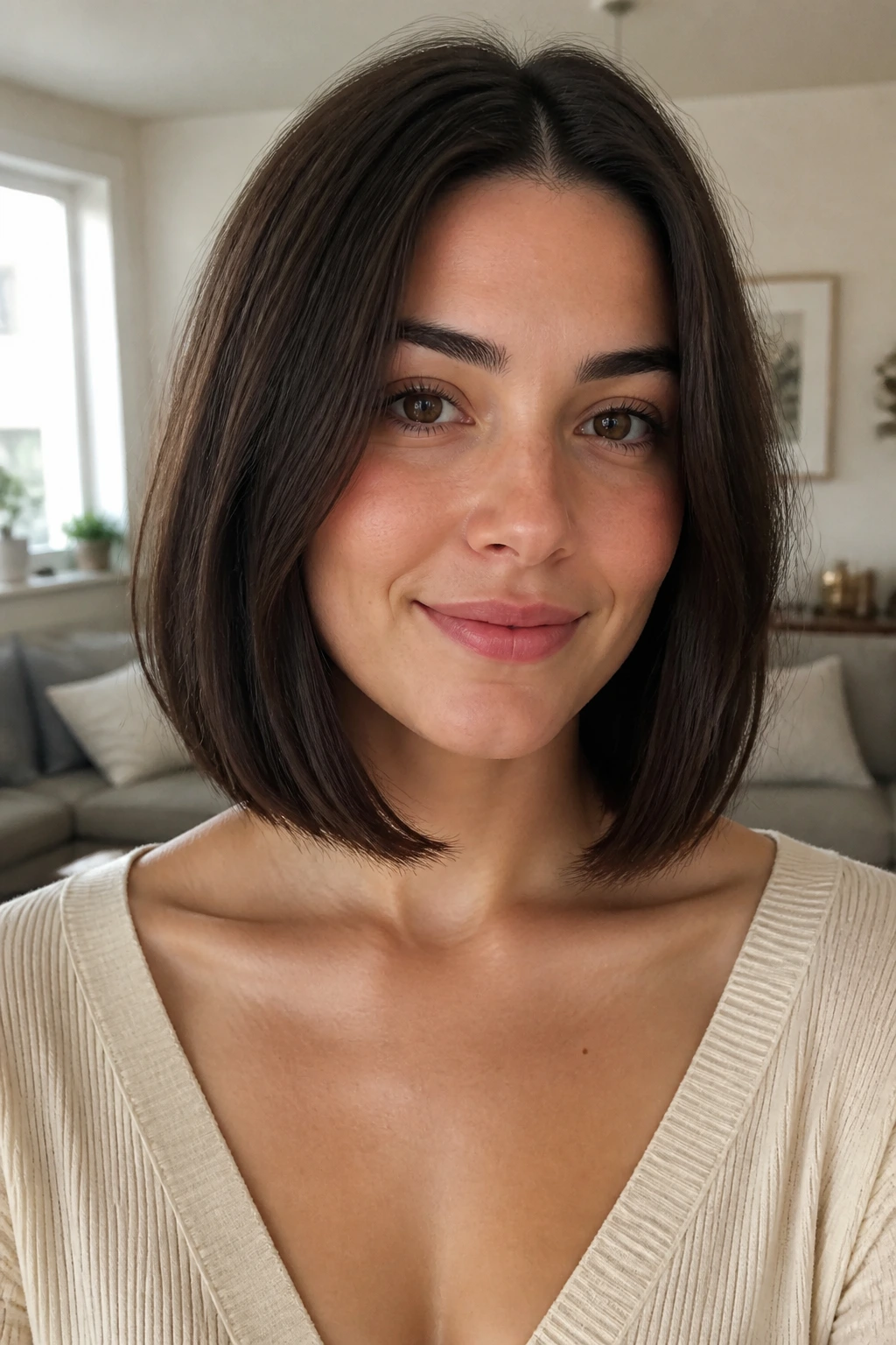 Close-up portrait of a real woman with a collarbone-length blunt bob and softly curved ends