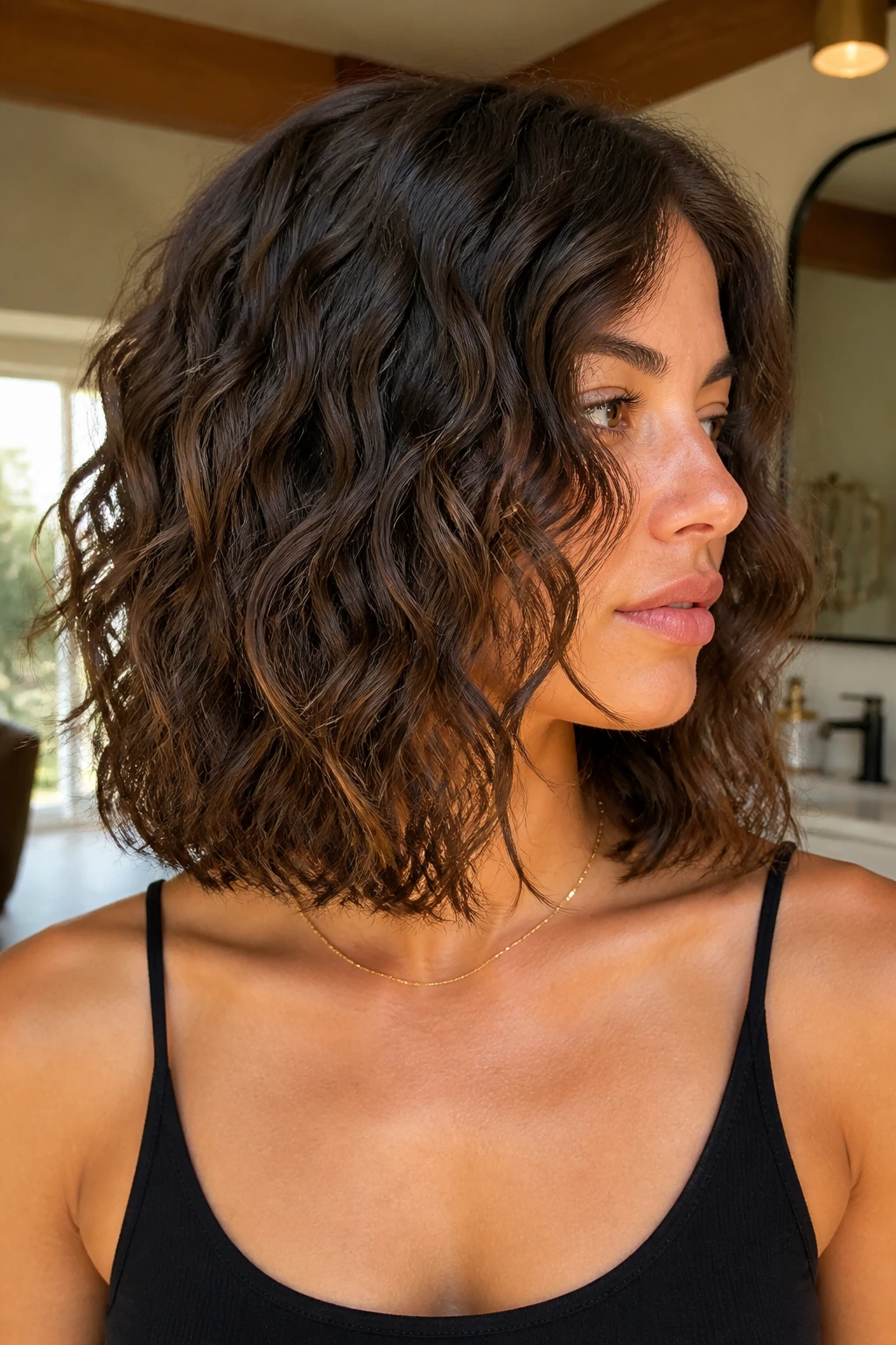Medium close-up of a woman with blunt collarbone-length lob under warm salon light