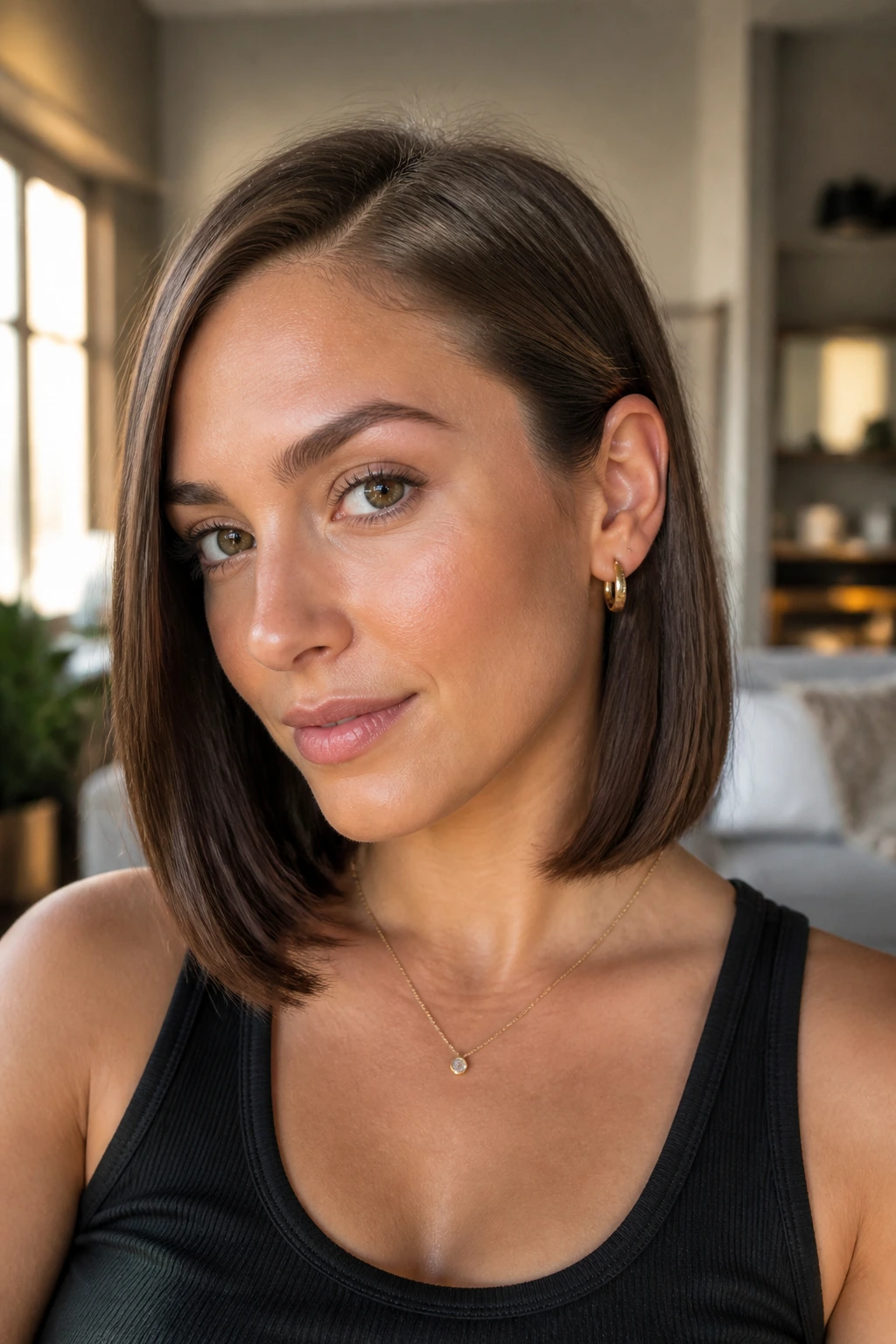 Woman with collarbone-length blunt lob and tucked ends.