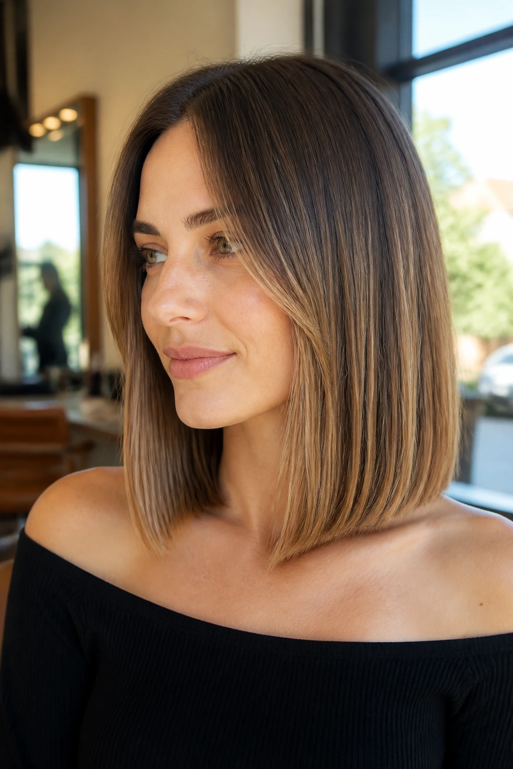 Close-up of a real woman with a Collarbone Blunt Lob in warm salon light