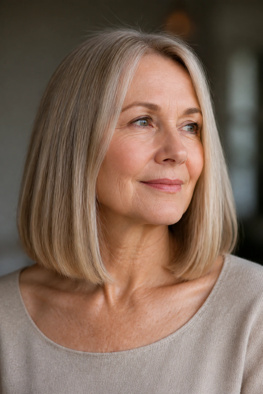 Real woman with collarbone-length blunt lob, clean line