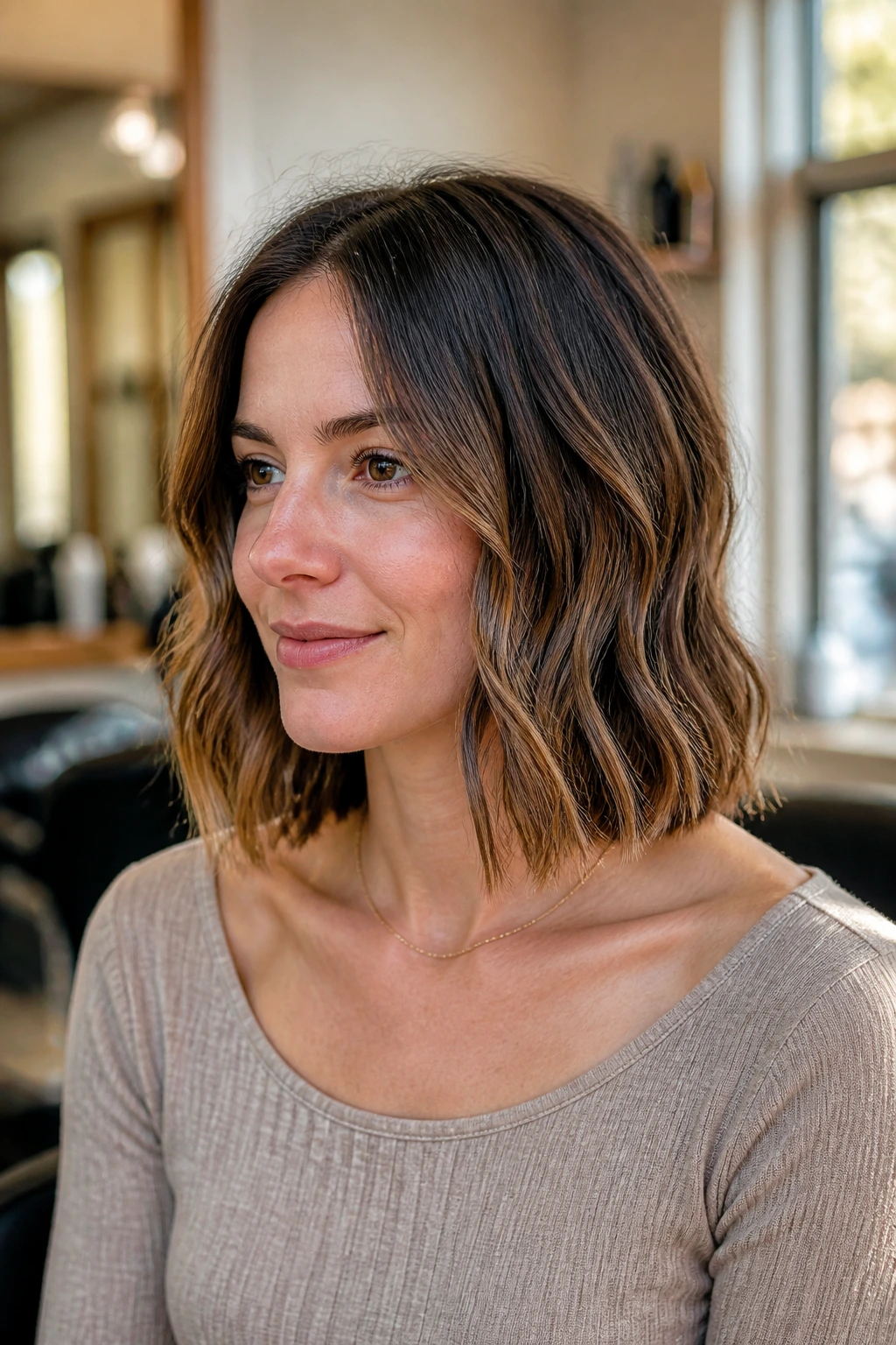 Close-up of a real woman with a collarbone-length blunt wave bob in warm natural light