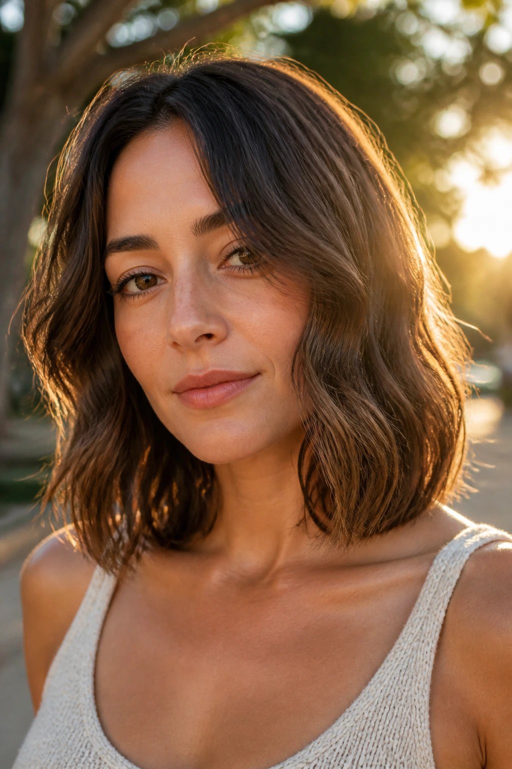 Portrait of a woman with collarbone-length bob and extended 2B waves