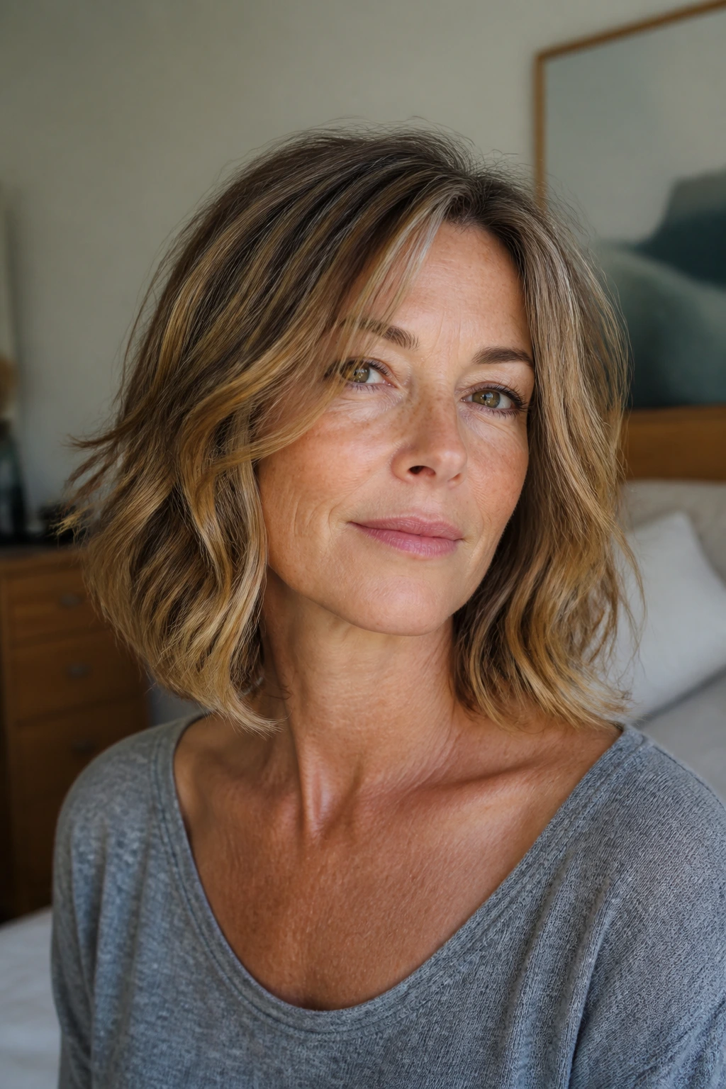 Close-up of collarbone-length bob with airy ends on a real woman