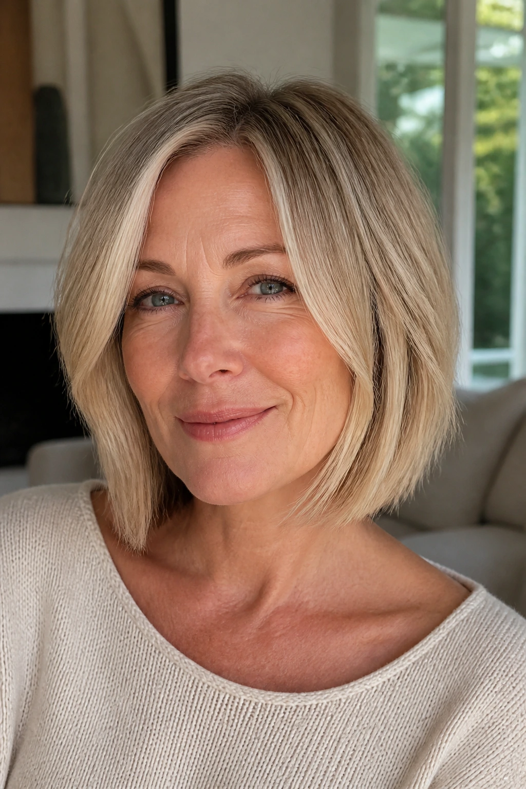Close-up of real woman with beige blonde collarbone bob and face frame
