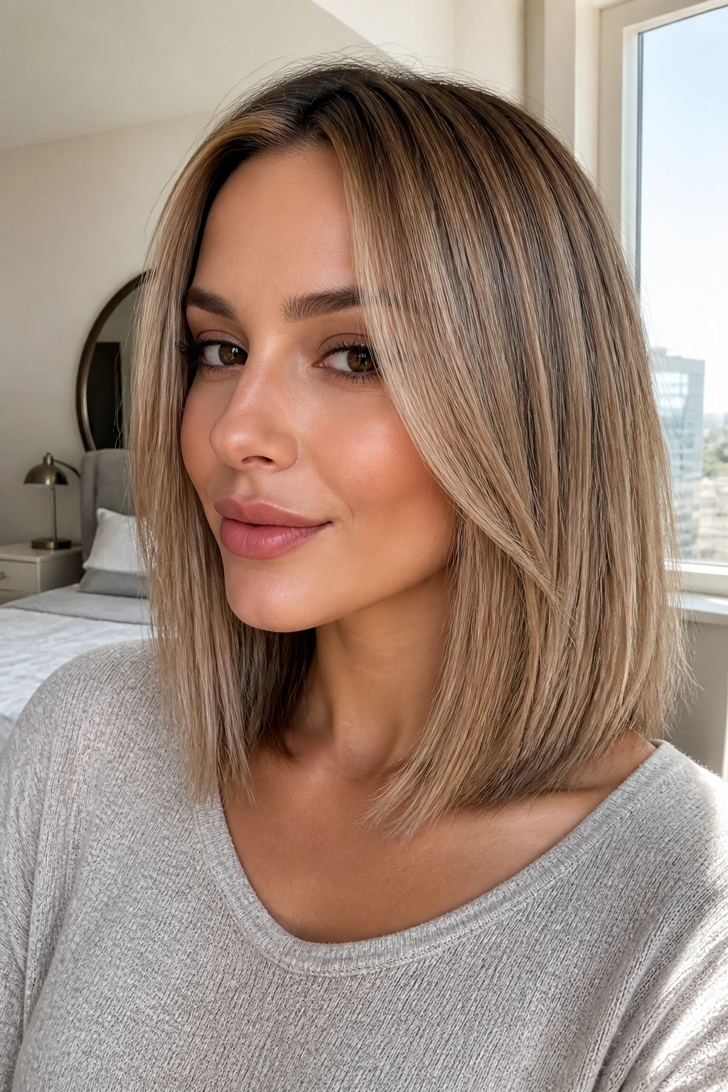 Portrait of a woman with collarbone bob in soft smoke beige tones.