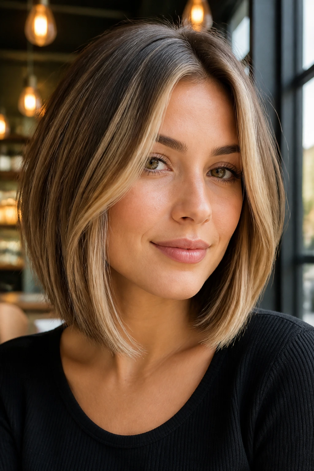 Close-up of a real woman with collarbone-length bob and buttercream highlights