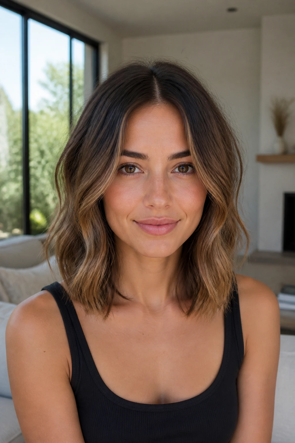Close-up of collarbone-length bob with center part and loose beachy ends.