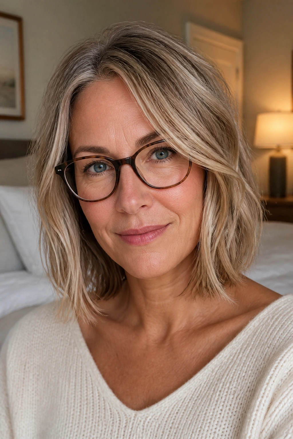 Close-up of a woman with a champagne-collarbone bob