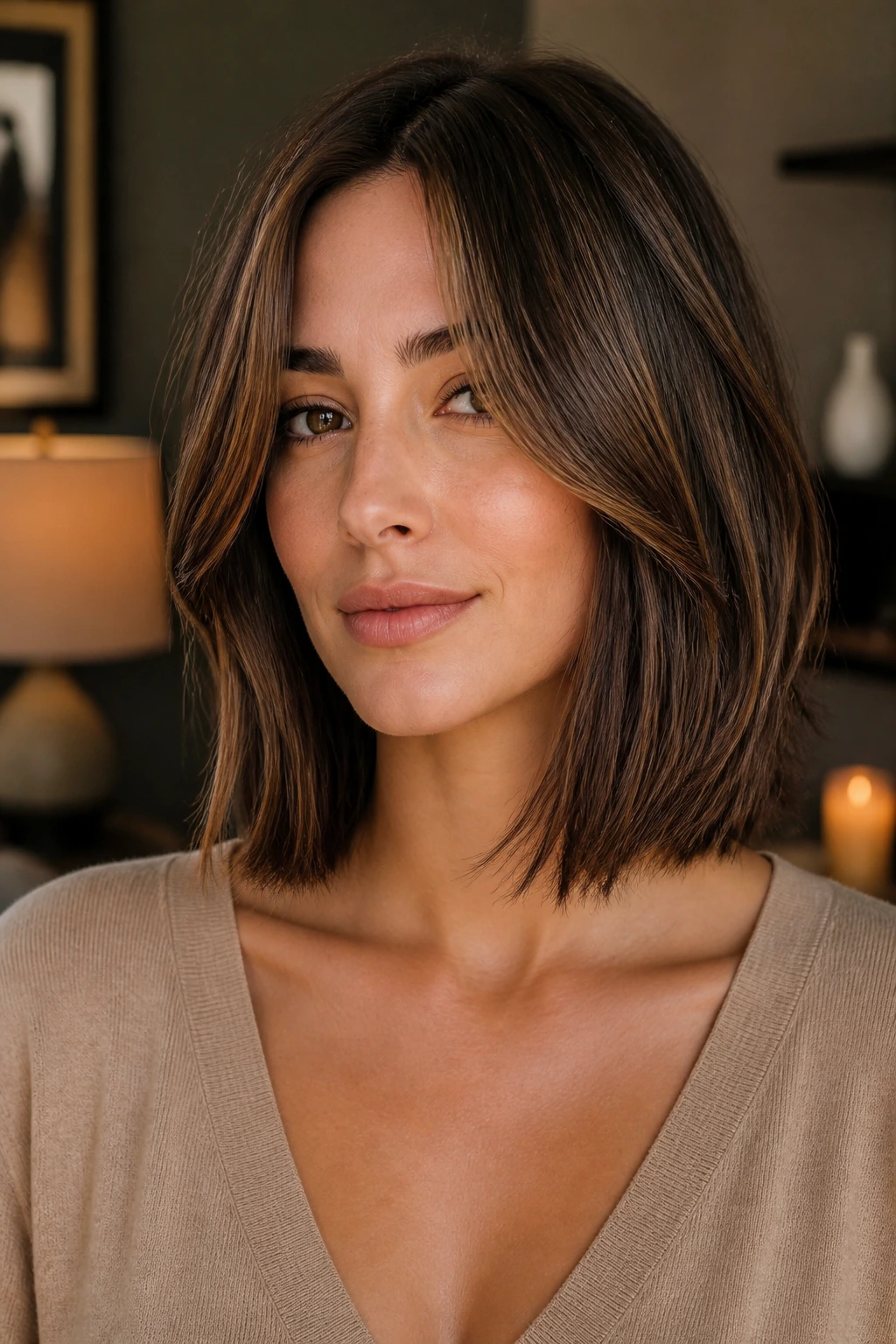 Portrait of a collarbone-length bob with chestnut lowlights softening the jawline