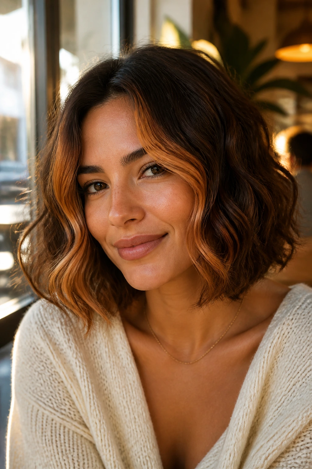 Close-up of a real woman with collarbone bob and cinnamon face frame.