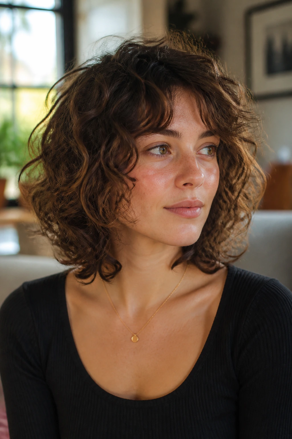 Close-up of a real woman with a collarbone-length curly bob with broken layers.