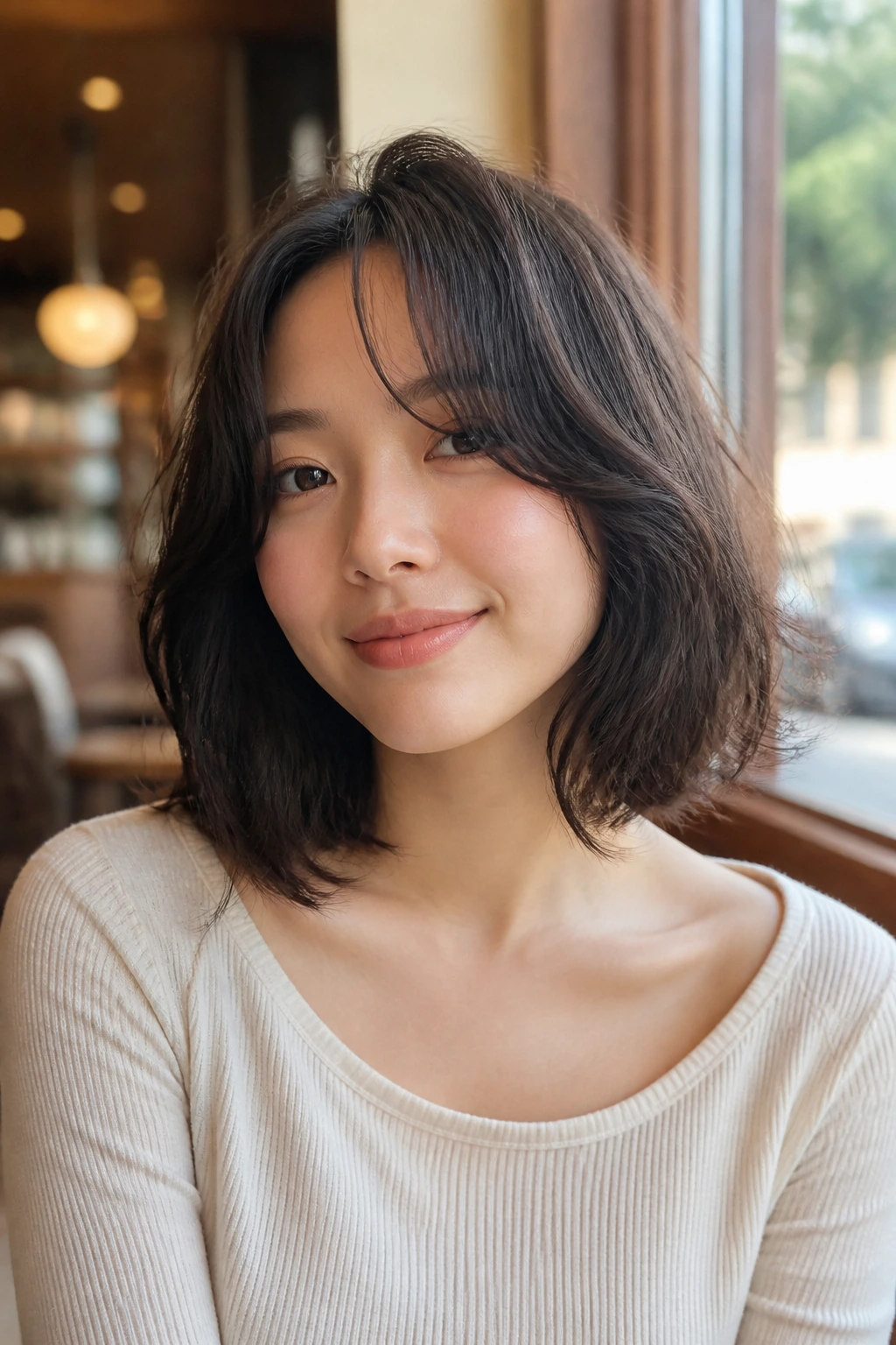 Close-up of a real woman with collarbone bob and curtain bangs