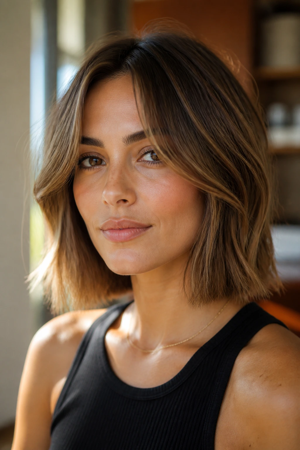 Close-up portrait of a real person wearing a collarbone-length bob with curtain bangs opening at cheekbones