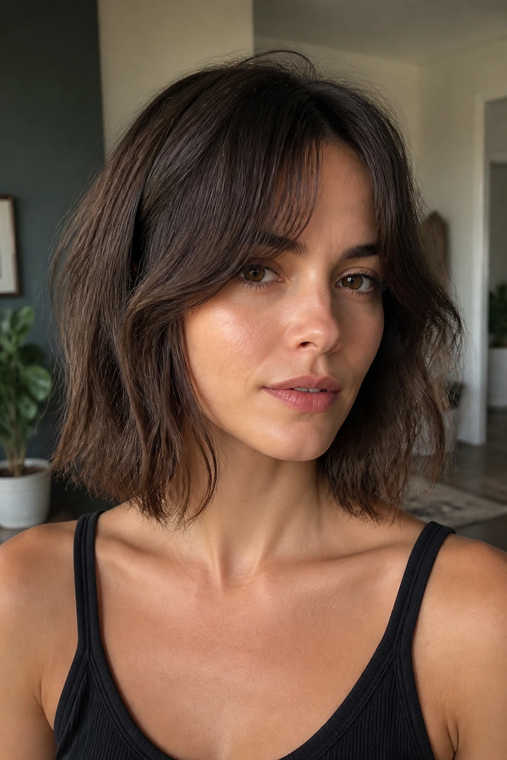 Close-up of a real woman with collarbone-length choppy bob and curtain bangs.