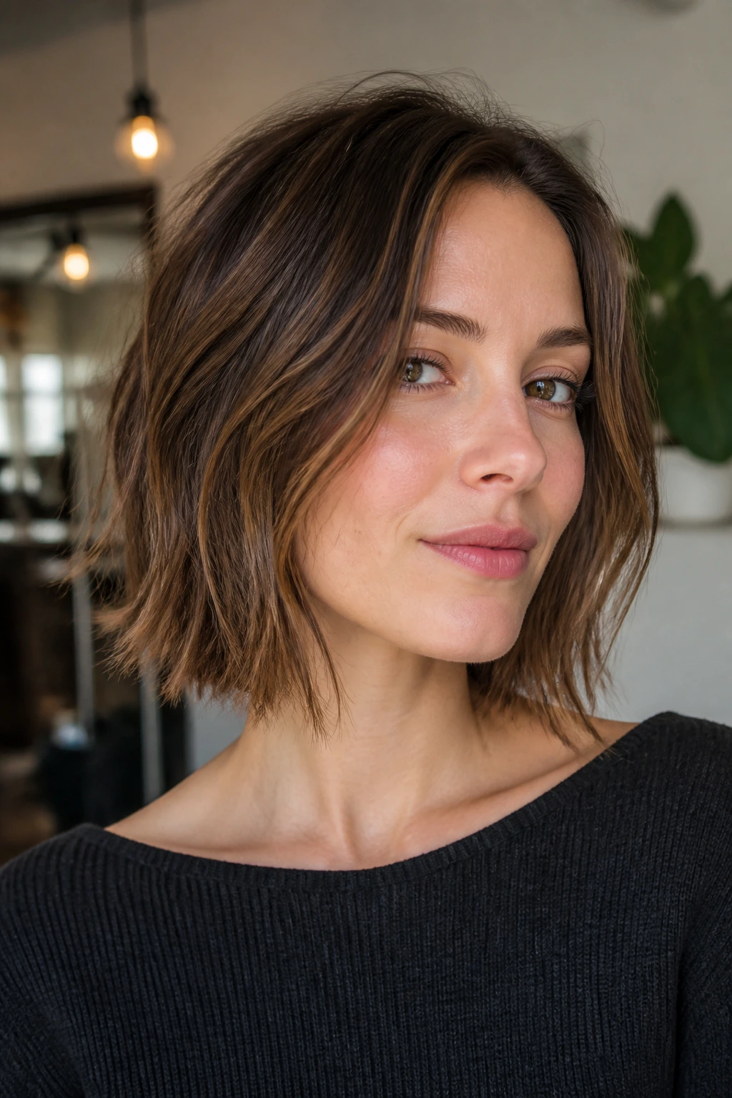 Portrait of a woman with collarbone-length bob and broken ends