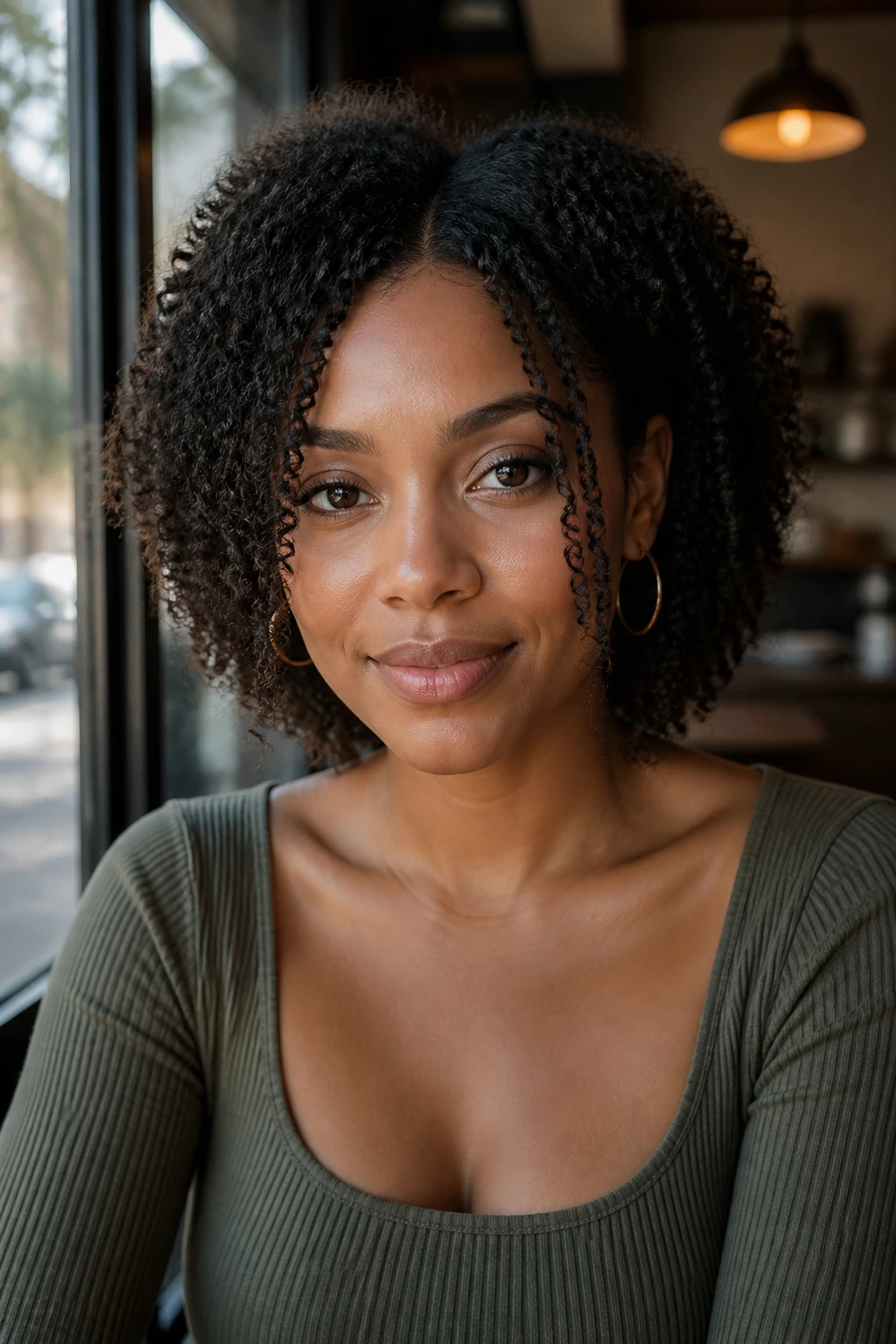 Real person wearing collarbone length bob with long face framing pieces