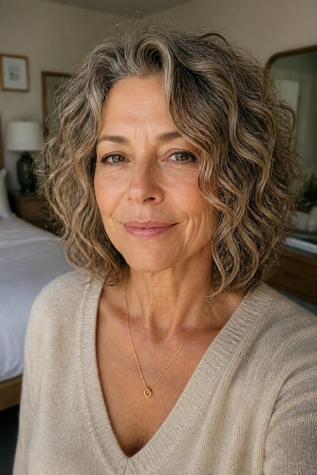 Close-up of a real woman with a collarbone-length bob featuring face-framing pieces.