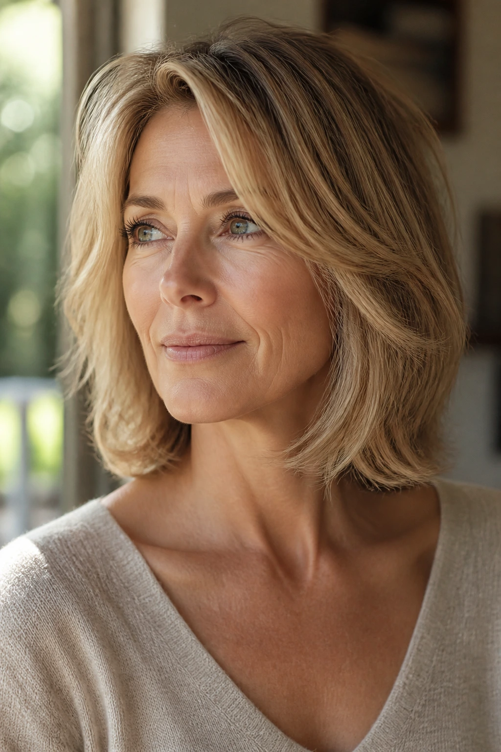 Real woman with collarbone-length feathered bob under warm natural light