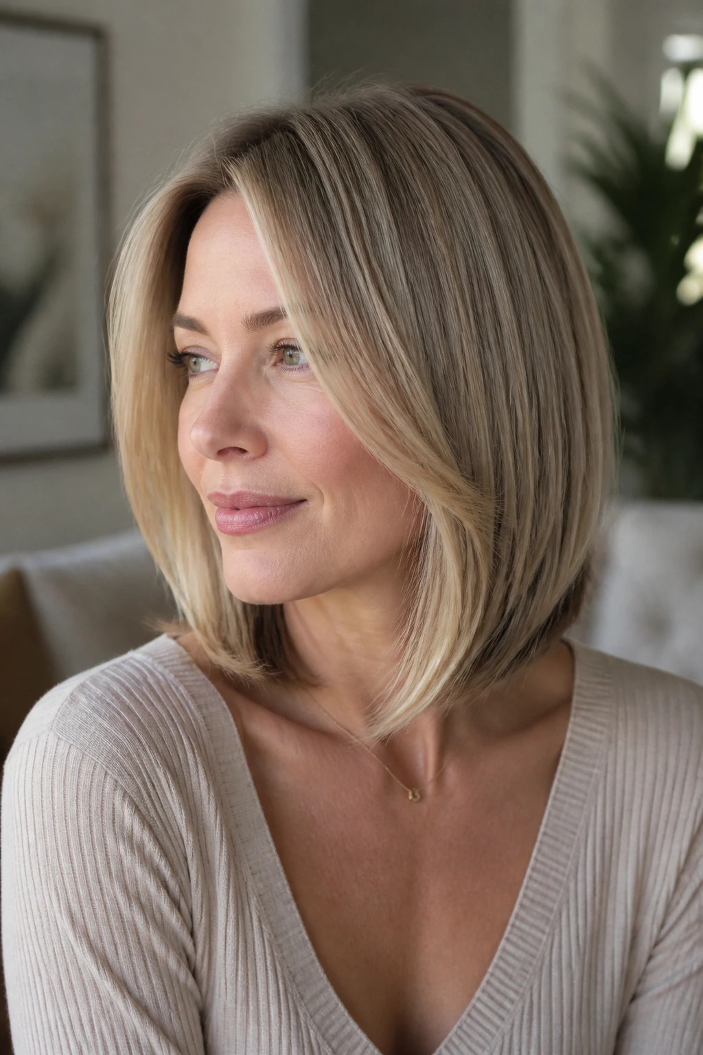 Portrait of a woman with collarbone-length A-line bob featuring feathered ends in a cozy living room.