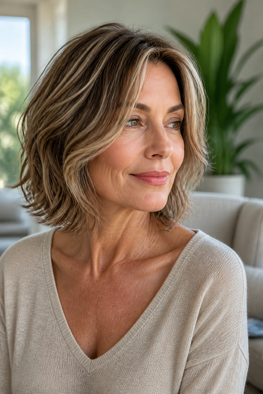 Portrait of a woman with collarbone-length bob and feathered ends