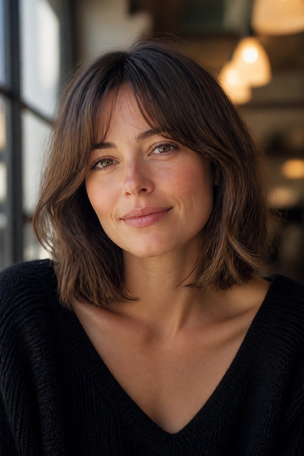 Real woman with collarbone-length French-inspired bob, relaxed soft front curve.
