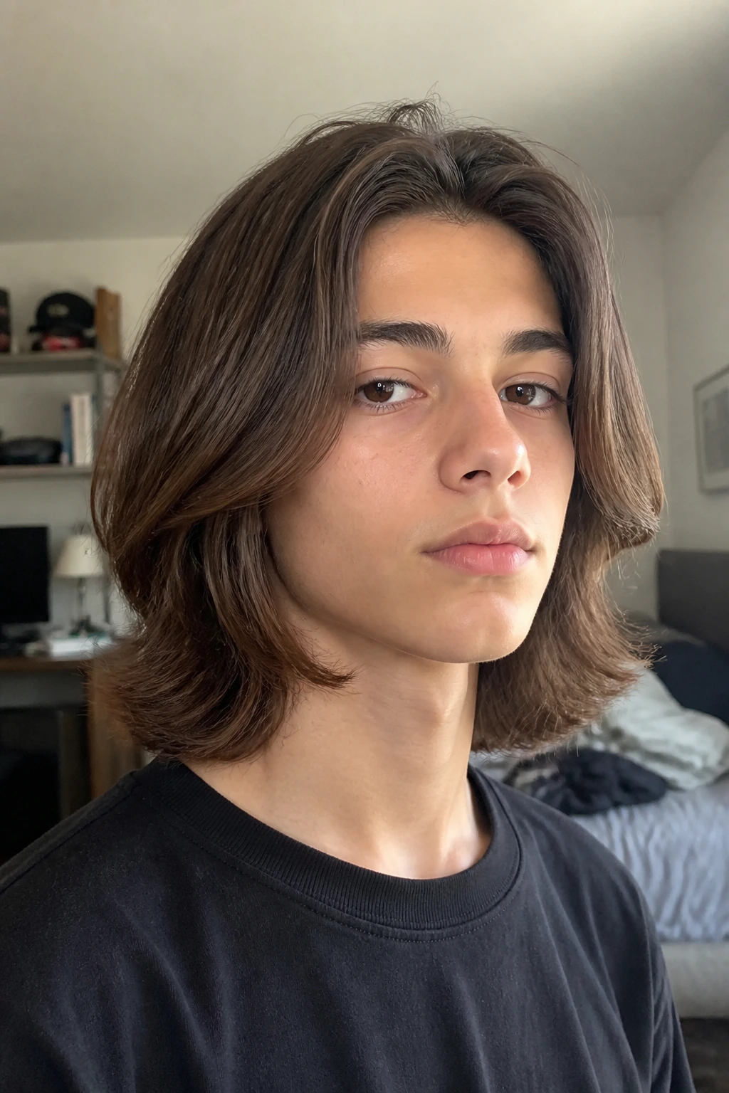 Teen boy with collarbone-length bob showing hidden layers.