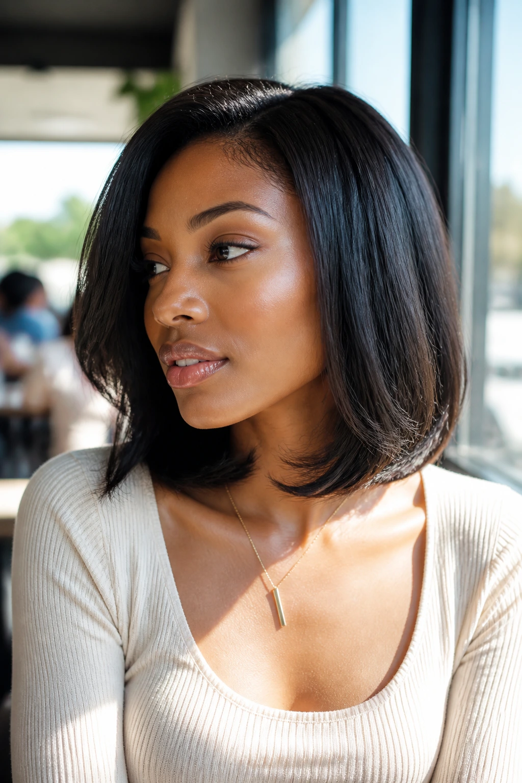 Real woman with collarbone-length bob showing interior layers and movement.