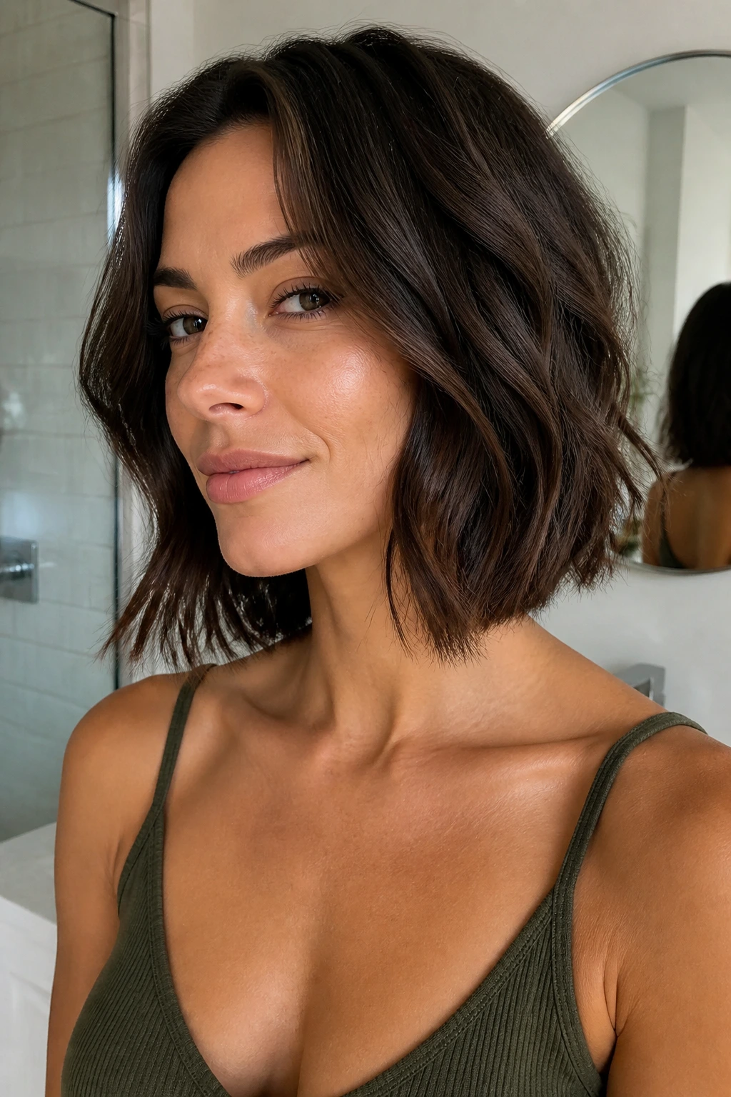 Portrait of a woman with a collarbone-length bob and soft internal layers.
