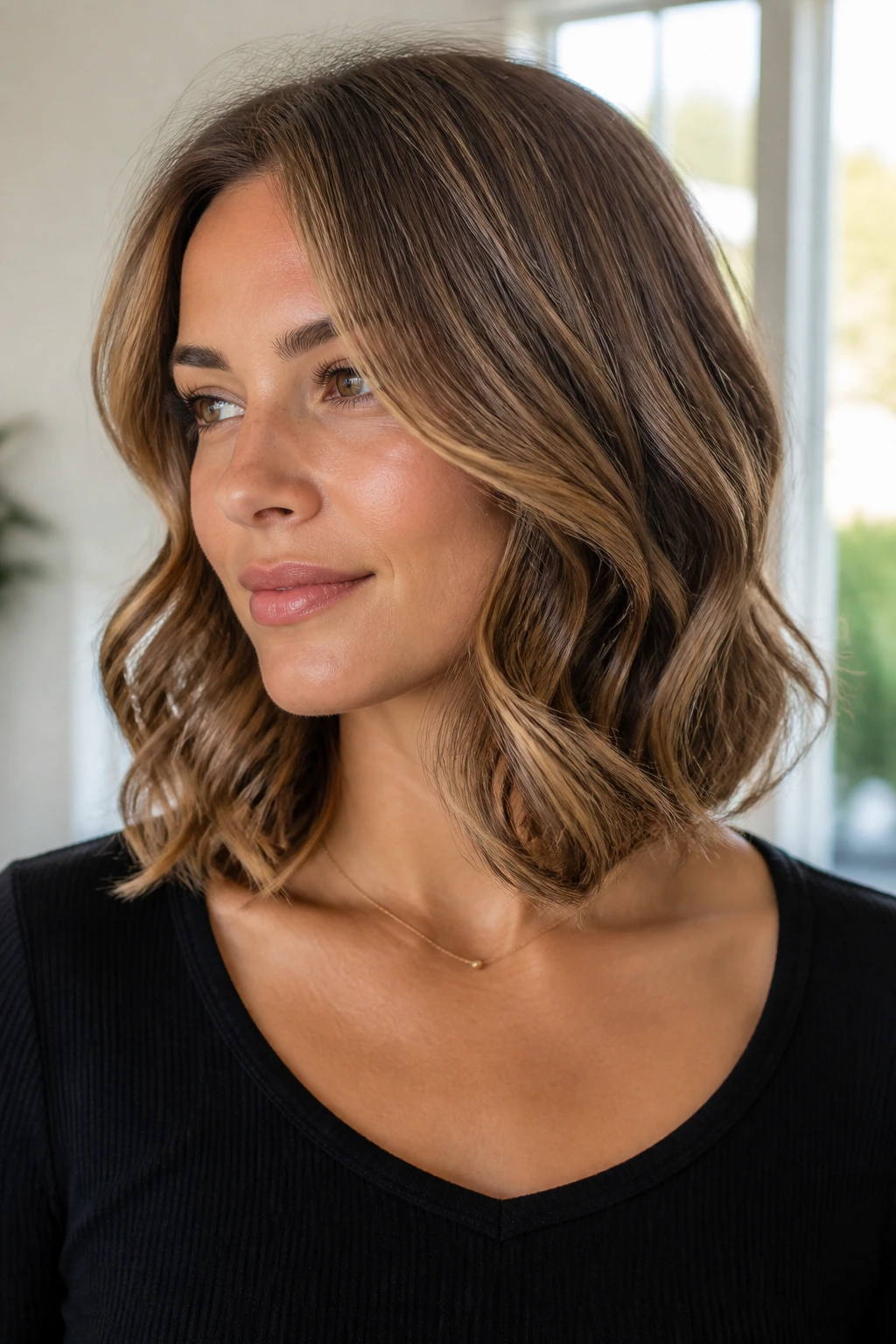 Real woman with collarbone-length bob with subtle internal layers