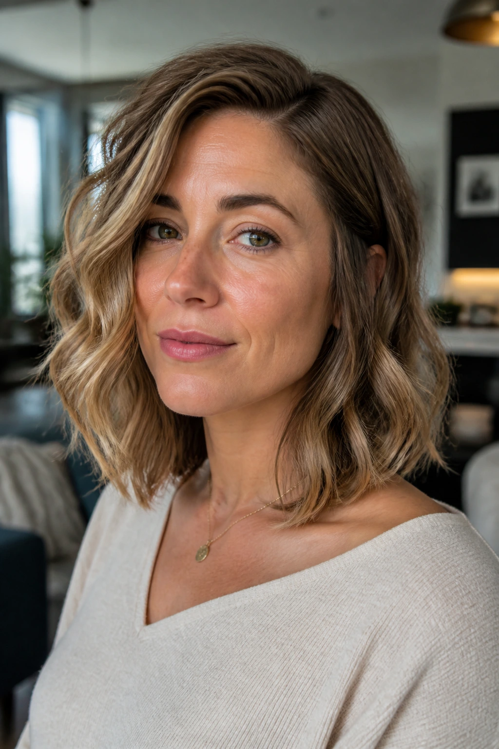 Close-up portrait of a real woman with collarbone-length hair and invisible layers.
