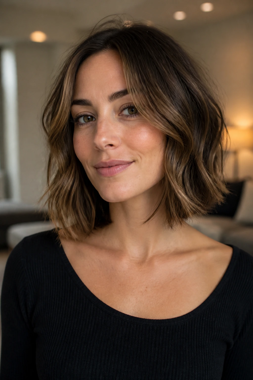Close-up of a real woman with collarbone-length bob featuring invisible layers
