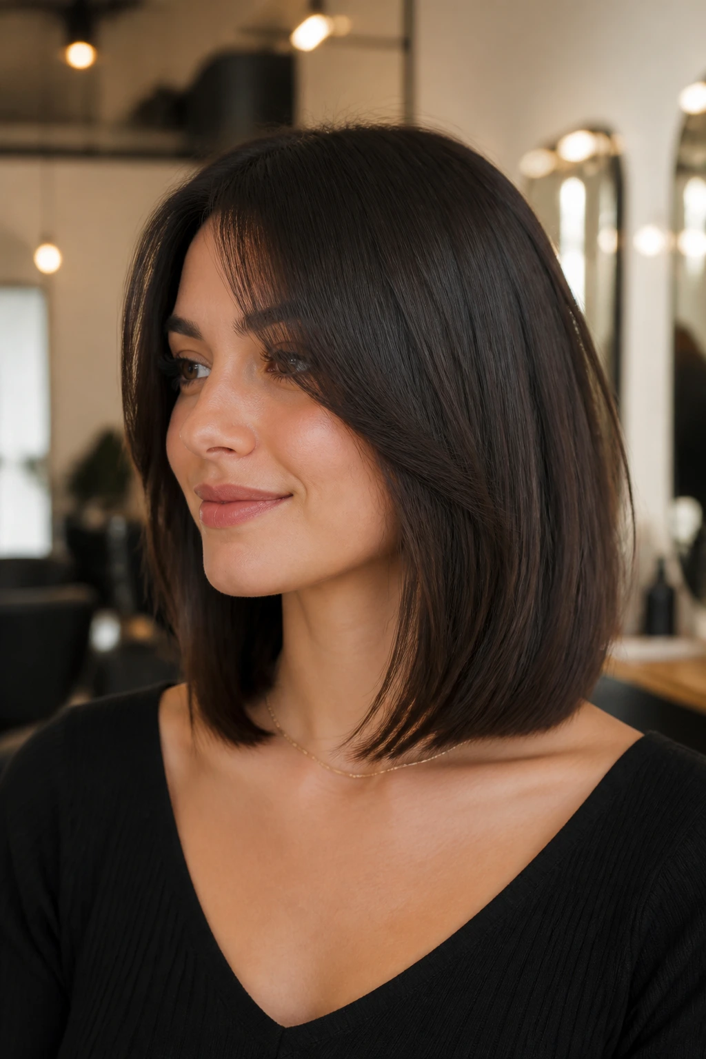 Close-up of real person with collarbone-length bob and invisible layers