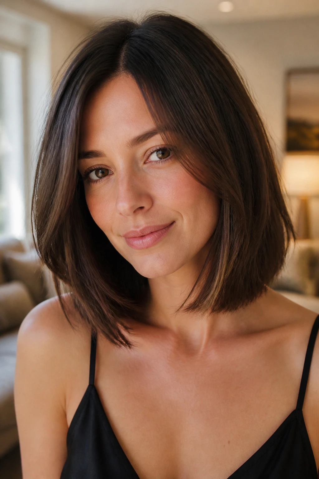 Real woman with collarbone-length bob and invisible layers in warm living room