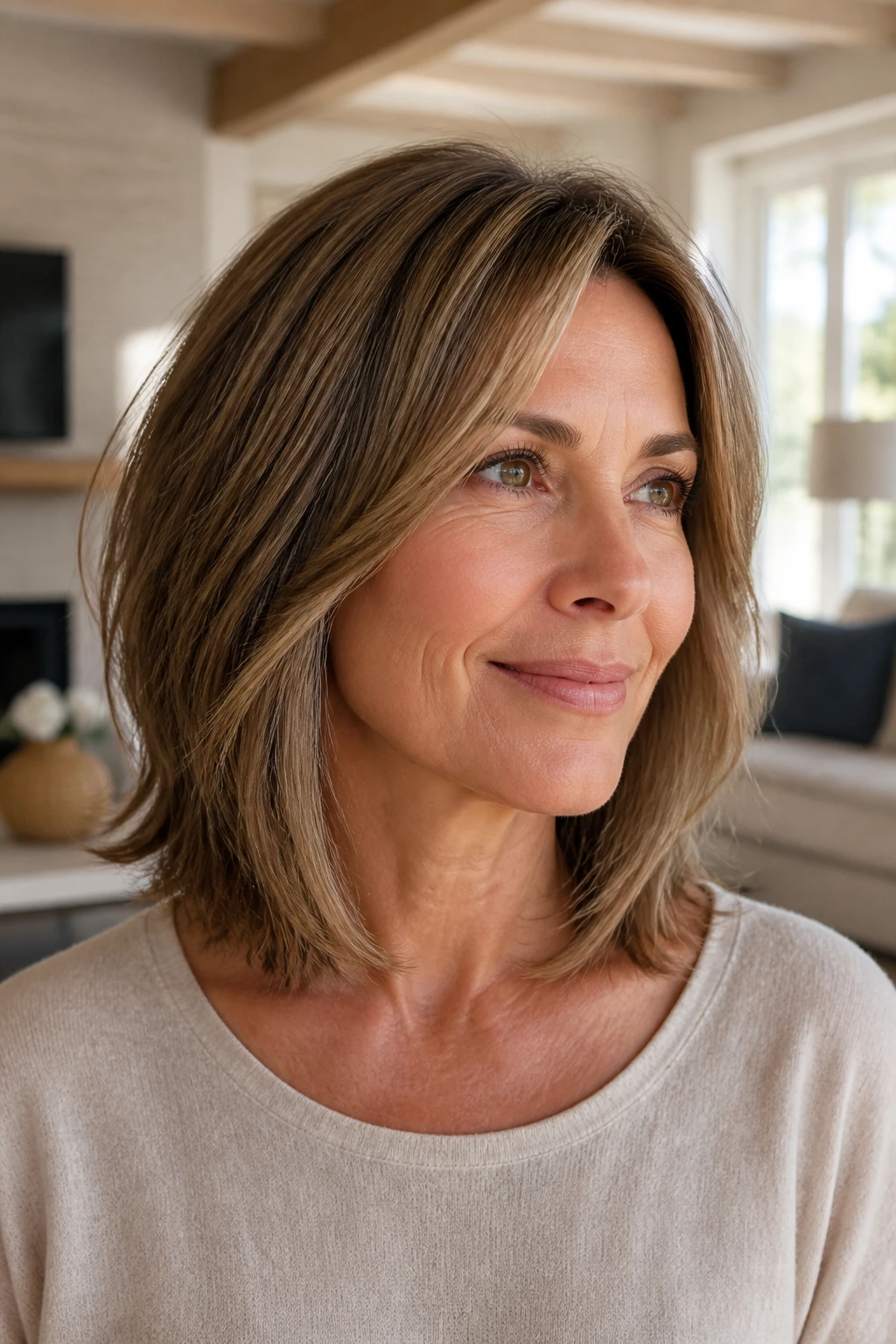 Portrait of woman with collarbone-length bob and long layers in sunlit room