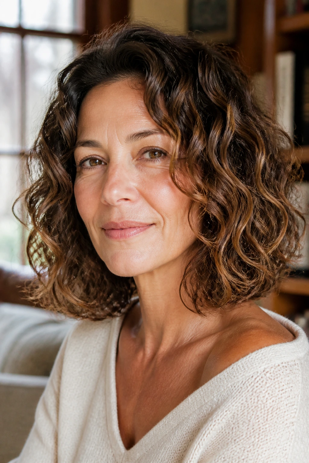 Real-woman portrait with collarbone-length curly bob in mocha dimension, warm window light