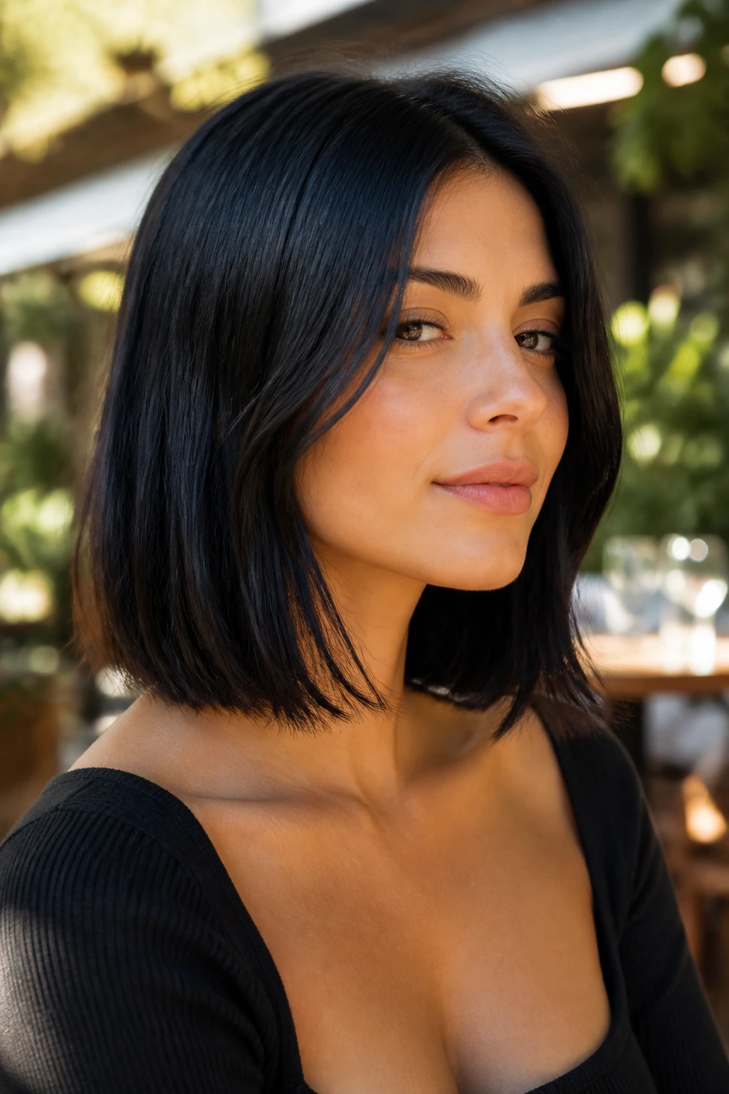 Close-up portrait of a real woman with collarbone-length bob exposing the neck