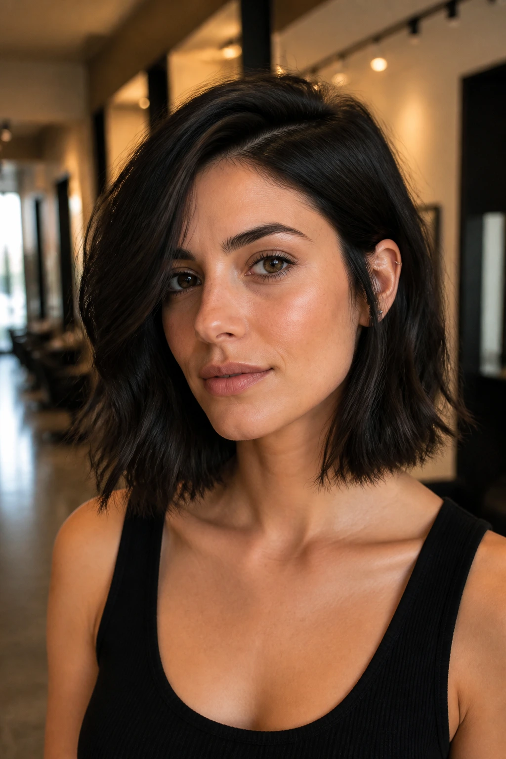 Portrait of a woman with a textured collarbone-length bob