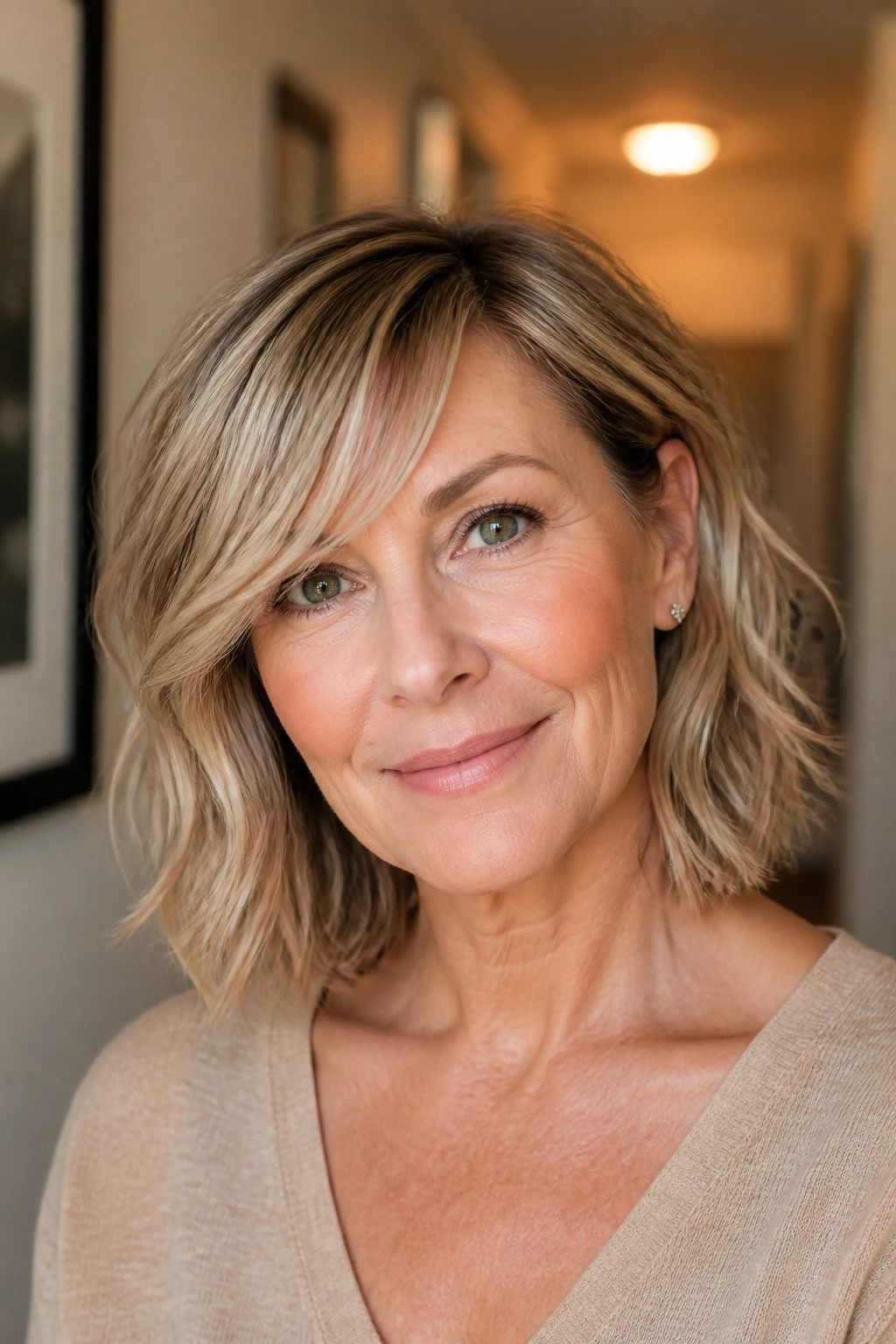 Portrait of a woman with a collarbone-length bob and side-swept bangs