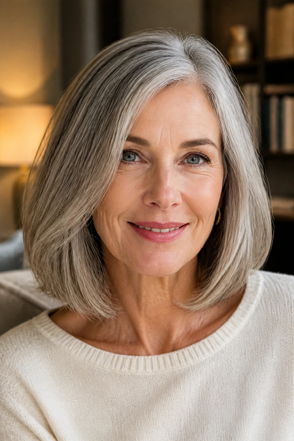 Close-up of an older woman with collarbone-length bob and soft ends